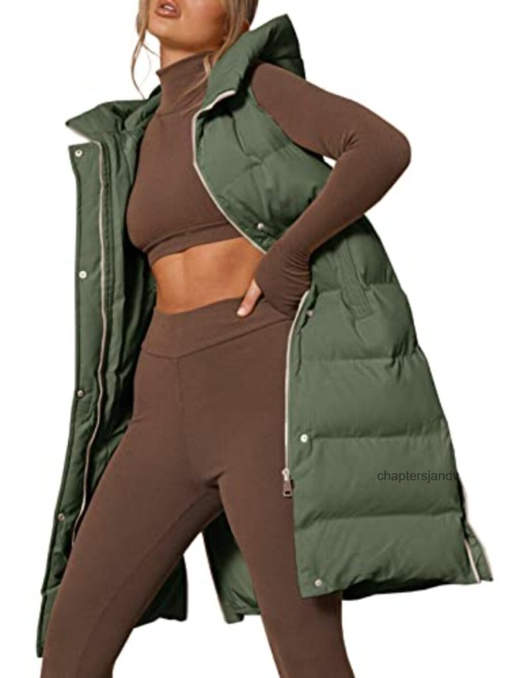 Women's Long Hooded Puffer Vest Sleeveless Zip Up Down Vest with Pockets
